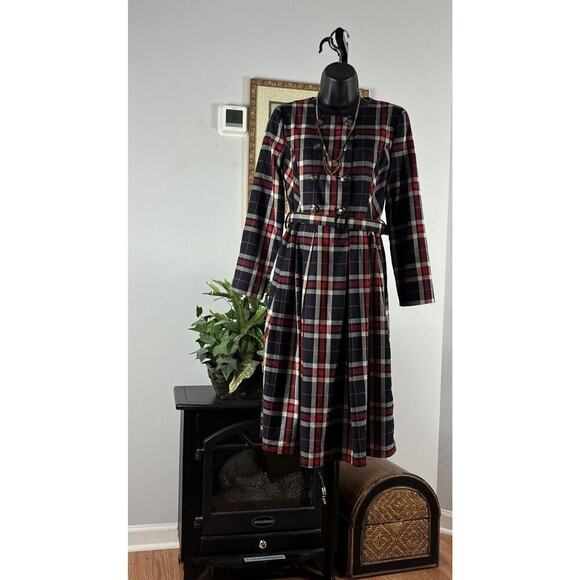 Moon Elegance Dresses & Skirts - Ms N Elegance Womens Plaid Long Sleeve Dress Double Breasted Round Neck Belted M